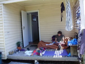 Helena, hard at work at the writers' hut