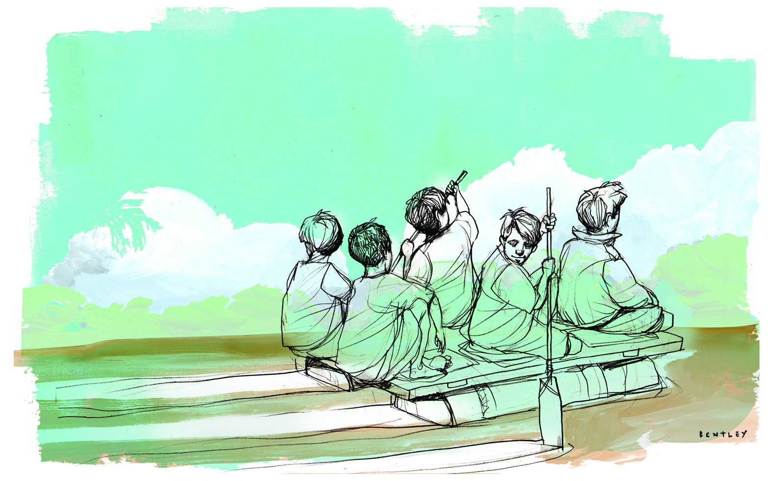 Jonathan Bentley drawing of The Raft, a chapter from Thrill Seekers