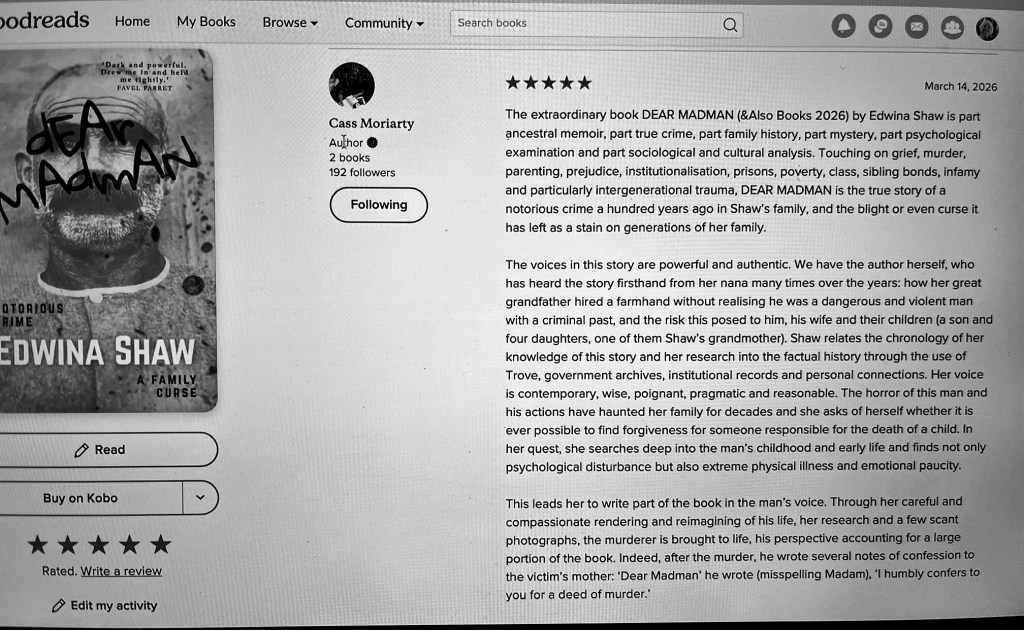 Review of Dear Madman by Cass Moriarty, author.
